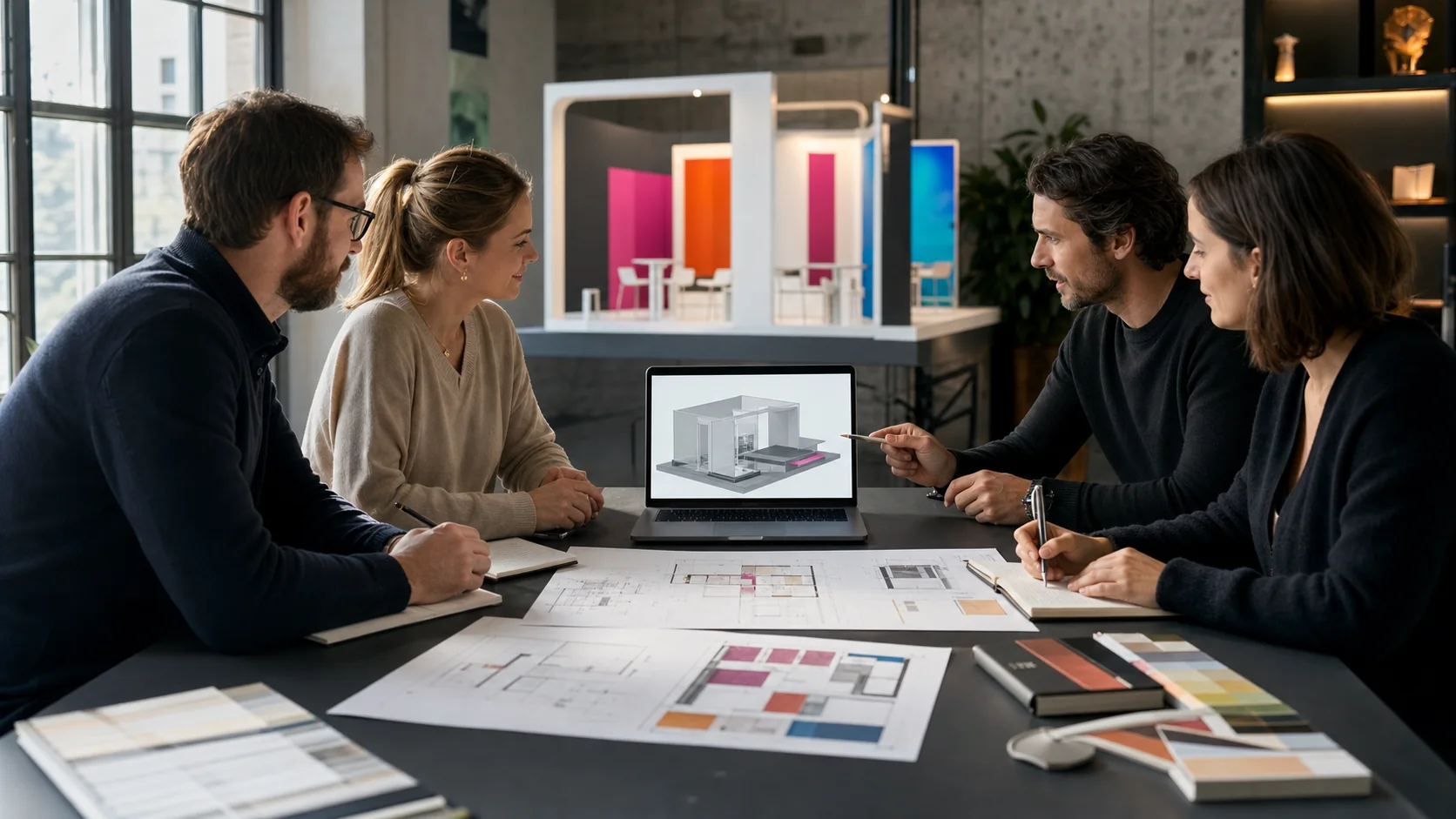 Client representatives and the Helis Messe Stand team discussing an exhibition stand brief around a table