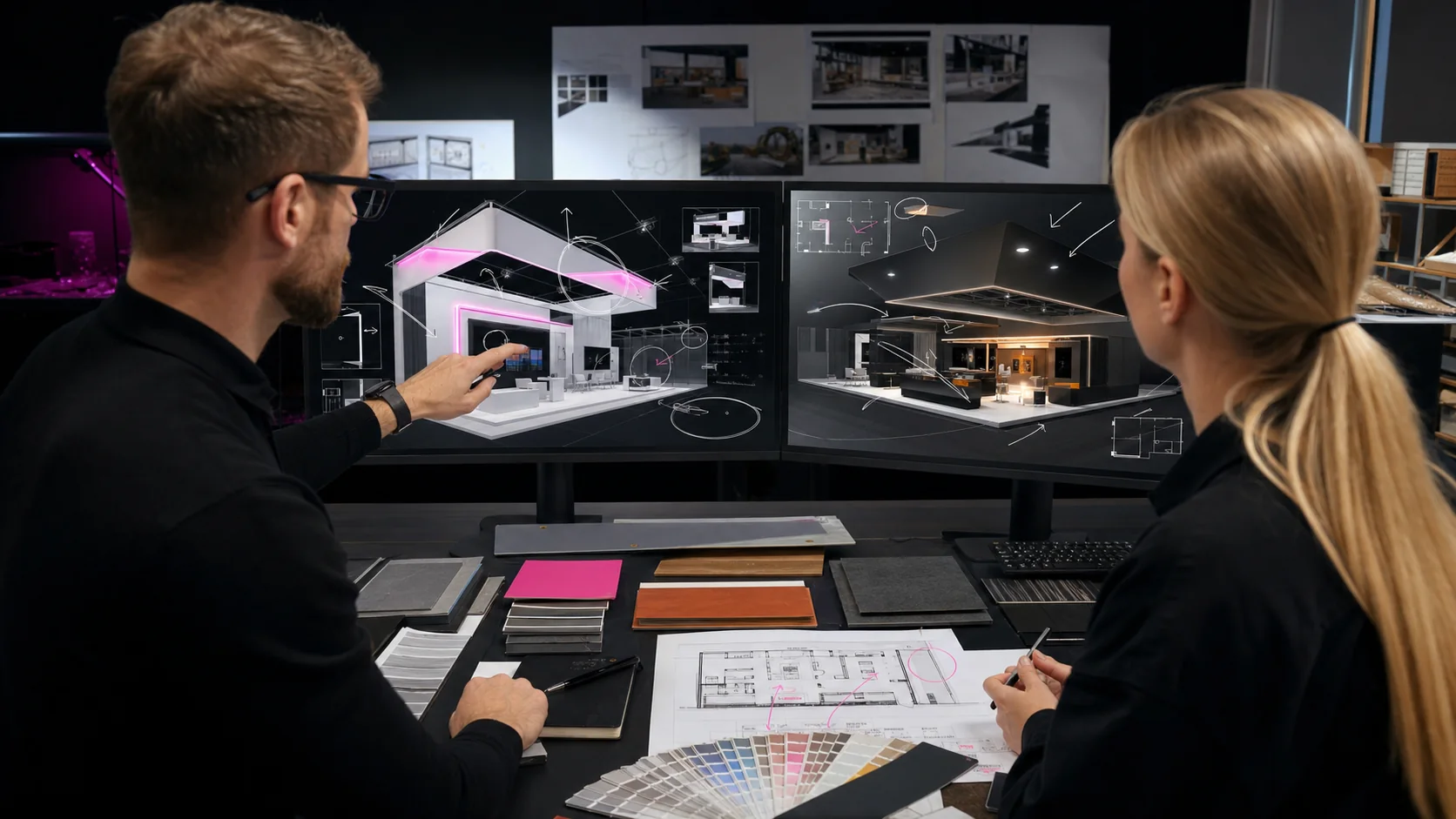Exhibition stand designers comparing an initial 3D booth concept with its revised design
