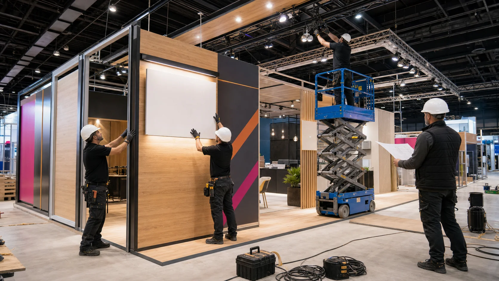Exhibition stand installation team assembling a custom booth safely inside a trade fair hall